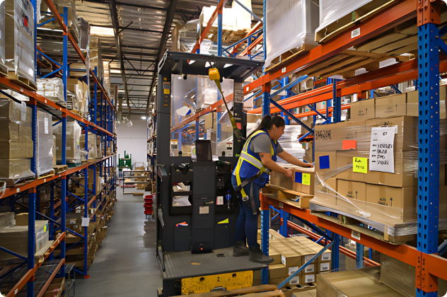 Employee working with a forklift in a fulfillment warehouse