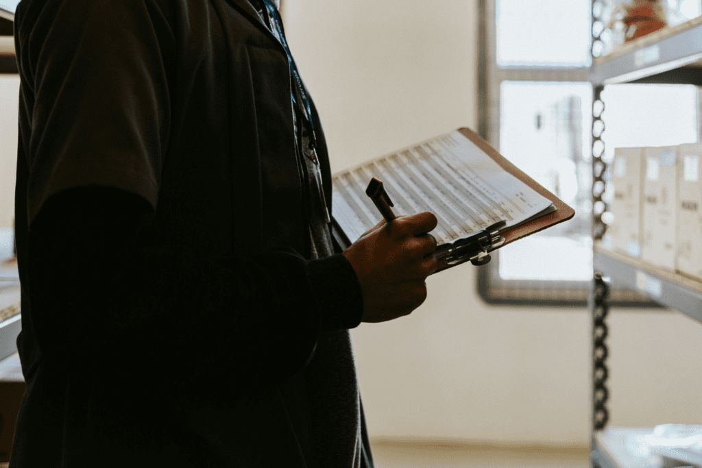 A person takes inventory in the back office of a warehouse – AMS Fulfillment